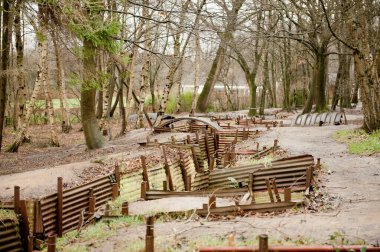 Birinci Dünya Savaşı 'nı koruyan müttefik siperler ve sığınaklar Sığınak Ormanı, Flanders, Ypres, Belçika.