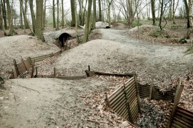 Birinci Dünya Savaşı 'nı koruyan müttefik siperler ve sığınaklar Sığınak Ormanı, Flanders, Ypres, Belçika.