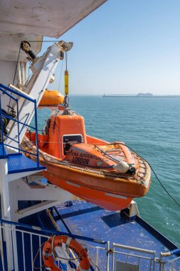 Holyhead, Wales. 6th September 2024. Emergency life boat for passenger evacuations, in it's stowed position onboard the Stena Line ferry on route to Dublin in Ireland. clipart