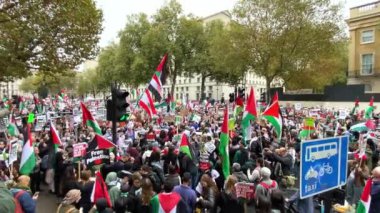 Londra, İngiltere. 2 Kasım 2024 Filistin Ulusal Yürüyüşü 'nde Filistin için Adalet ve İngiltere hükümetinin savaşın sona ermesine yardım etmesini isteyen Filistin destekçilerini sallayan 2 Kasım 2024.