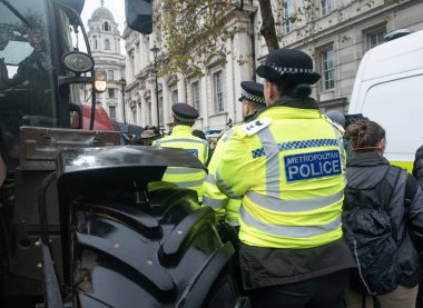 Londra, İngiltere. 19 Kasım 2024. Hükümetin tarım vergisi üzerindeki tarım arazilerini azaltma planlarını protesto etmek amacıyla, Whitehall 'daki Londra Tarım Mitingi' nde protestocular ve traktörler.