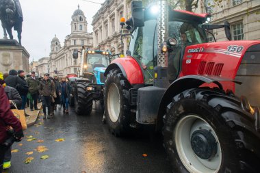 .Londra, İngiltere. 19 Kasım 2024. Hükümetin tarım vergisi üzerindeki tarım arazilerini azaltma planlarını protesto etmek amacıyla, Whitehall 'daki Londra Tarım Mitingi' nde protestocular ve traktörler.