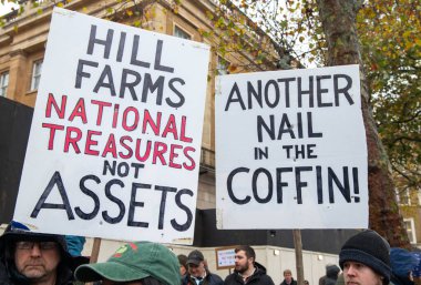 London, UK. 19th Nov 2024. Protesters with signs at the London Farming Rally in Whitehall, in protest of the government's plans to cut agricultural property relief on inheritance tax to 50% for farms. clipart