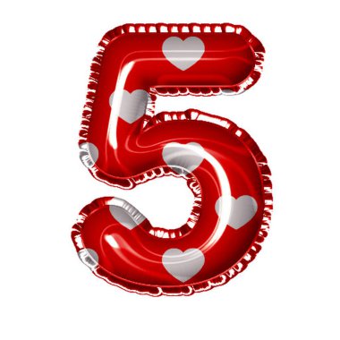 5 numaralı folyo balonu üzerinde beyaz kalpler var.