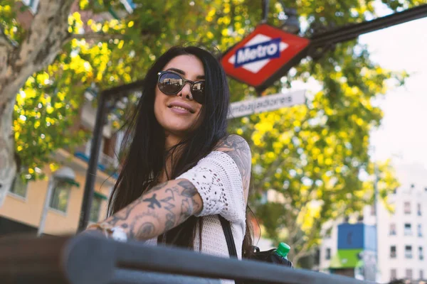 Portrait Young Smiling Woman Exit Metro Station Madrid Spain Life — Stock Photo, Image