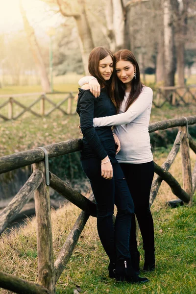 Intense Full Body Portrait Young Sisters Hugging Outdoors Park Stock Image