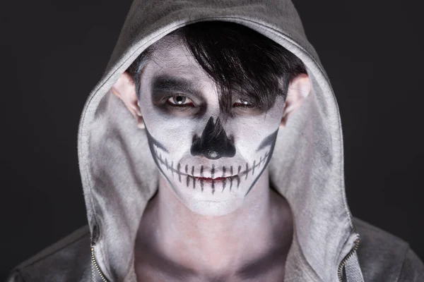 Skull Make Portrait Young Man Studio Grey Background Stock Image