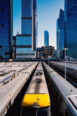 NEW YORK - Şubat 2020: Gemi yapısı ve Hudson Yards kompleksi. Gemi, Manhattan 'daki Hudson Yardları Yeniden Geliştirme Projesi' nin bir parçası olarak inşa edilmiş bir yapı ve ziyaretçi merkezidir..