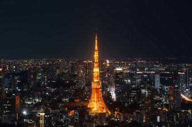 Geceleri Roppongi Hills Tokyo kulesi ve Tokyo şehir manzarası üzerinde havadan görünümü. Tokyo, Japonya.