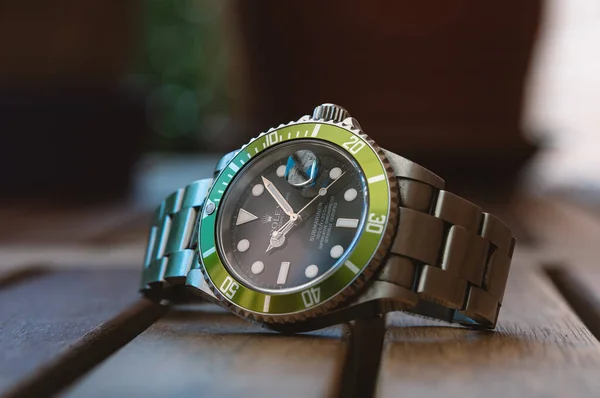 Bologna Italy May 2020 Rolex Submariner Kermit Watch Close Table — стокове фото