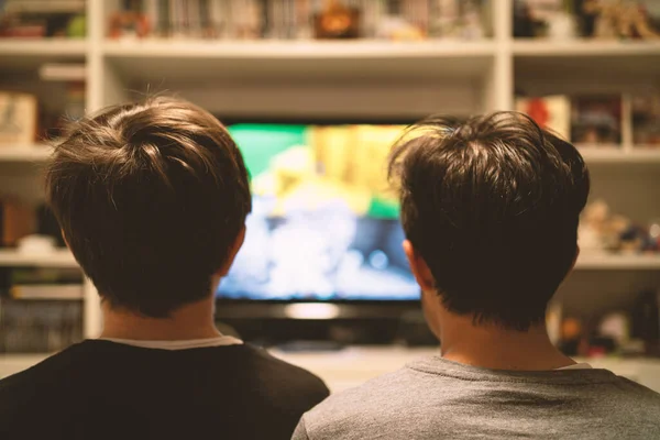 Молодые Братья Играют Видеоигры Дома Игровой Станцией — стоковое фото