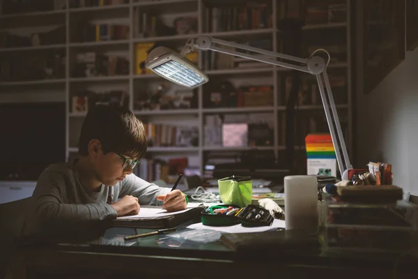 Kid Doing Homework Home Writing Notes Filtered Image — Stock Photo, Image