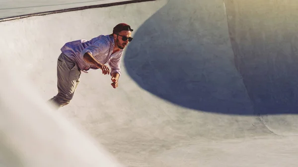 Skateboarder Portrait Sliding Skate Park Sunset Light Life Style — Stock Photo, Image