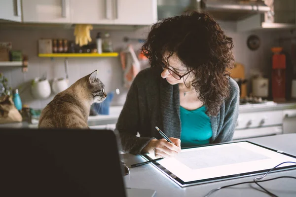 若い縞模様の猫と家で働く女性がお互いを見ている 本物のライフスタイル フィルタリングされた画像 — ストック写真