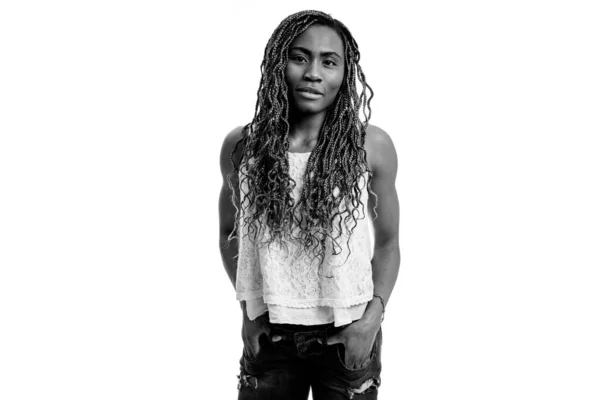 Confident African Young Woman Studio Portrait Braids White Background Black — Stock Photo, Image