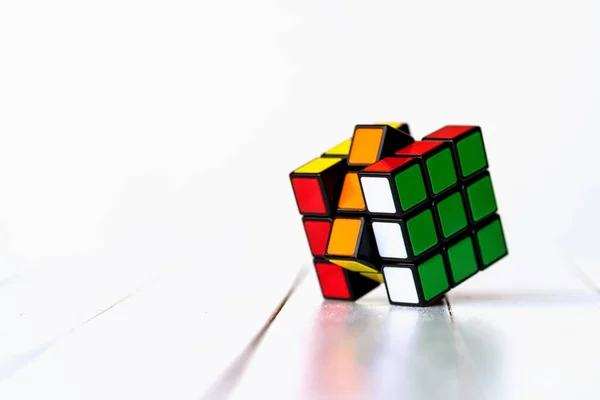 Bologna Italy April 2019 Rubik Cube Table Isolated White Background — Stock Photo, Image