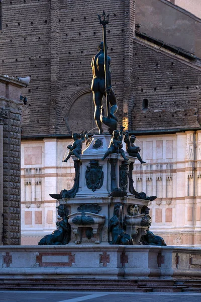 Fountain Neptune San Petronio Basilica Background Bologna Italy — Stock Photo, Image