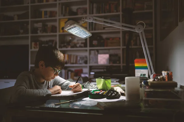 Kind Macht Hausaufgaben Hause Und Schreibt Notizen Gefiltertes Bild Stockfoto