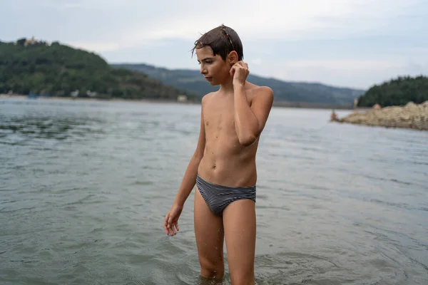 Young Boy Portrait Lake Lifestyle Shallow Depth Field Stock Photo