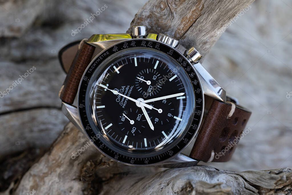 PEDASO, ITALY - OCTOBER 2020: Omega Speedmaster Professional watch. Omega has been creating watches since the 19th century and was the first watch on the Moon. Illustrative editorial.