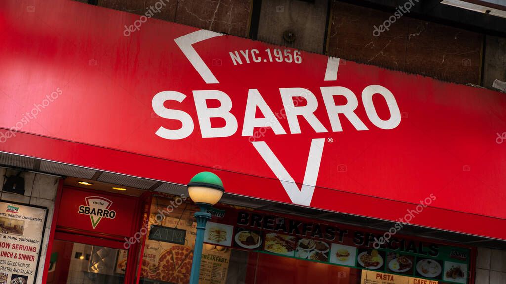 NEW YORK - FEBRUARY, 2020: Sbarro pizza restaurant sign. Sbarro, LLC is a pizzeria chain that specializes in New York-style pizza with over 600 locations in 33 countries.