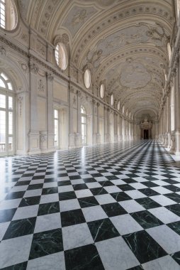 Torino, İtalya - Şubat, 2018: Venaria Kraliyet Sarayı Diana Galerisi - Reggia Venaria. Savoy ailesinin eski kraliyet konutuydu..