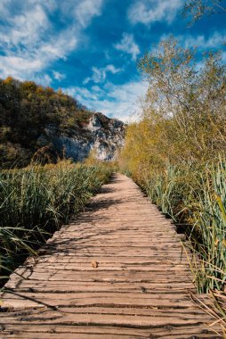 Ahşap yolu doğal parlama içinde Plitvice Gölleri Milli Parkı ile. Hırvatistan. Europe. 