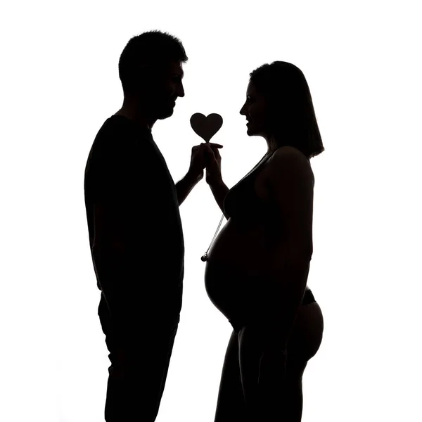 Pareja Estudio Íntima Silueta Retrato Hombre Mujer Embarazada Mirándose Sosteniendo — Foto de Stock