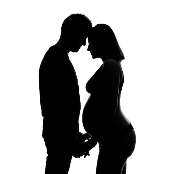 Pareja Estudio Íntima Silueta Retrato Hombre Mujer Embarazada Mirándose Imagen — Foto de Stock