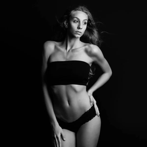 Sexy Blonde Woman Portrait Black Underwear Isolated Dark Background Studio — Stock Photo, Image