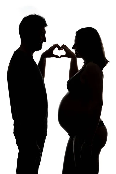 Pareja Estudio Íntima Silueta Retrato Hombre Mujer Embarazada Mirándose Haciendo — Foto de Stock