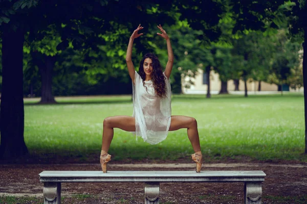 年轻美丽的芭蕾舞演员在公园的长椅上与树木共舞 Ballerina项目 — 图库照片