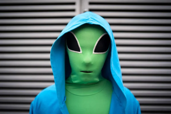 Boy Close Portrait Alien Mask Stripes Background — Stock Photo, Image