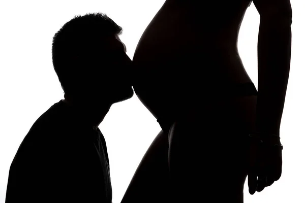 Couple Studio Intimate Portrait Silhouette Man Kissing Her Pregnant Woman — Stock Photo, Image