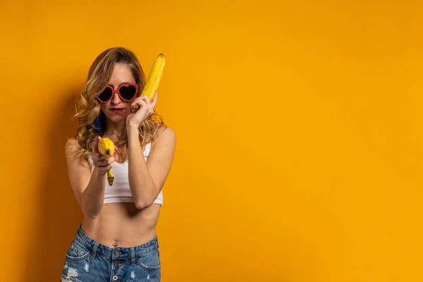 Woman Portrait Holding Banana Having Fun Colorful Orange Background Copy — Stock Photo, Image