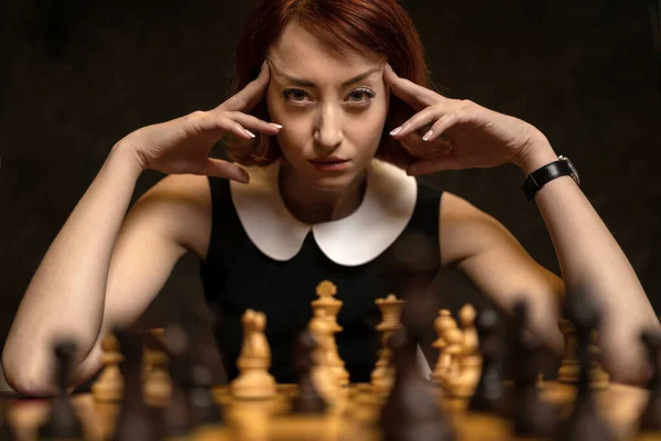 Beautiful Red Hair Woman Playing Chess Dark Background — Stock Photo, Image