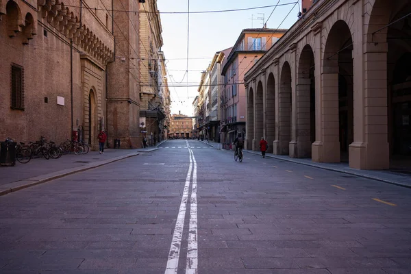Ugo Bassi street in a deserted city due to Covid-19 virus in Bologna, Italy. The largest city and the capital of the Emilia-Romagna Region in Italy.