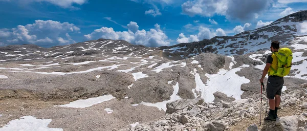 Man Doing Trekking Dolomites Mountains Italy Panoramic View Stock Photo