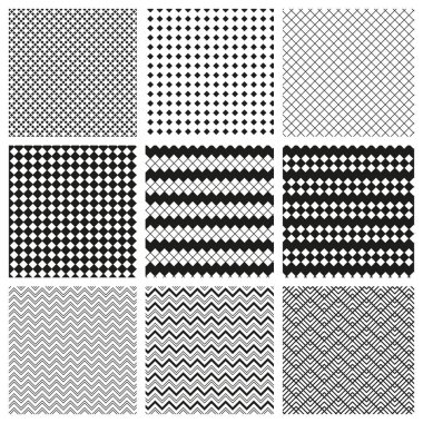 Siyah beyaz basit geometrik desenler kümesi. Duvar kağıdı, broşür, kapak, afiş, tekstil, kumaş için vektör çizimleri. Eps 10