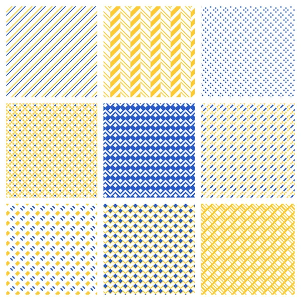 Conjunto Patrones Geométricos Sin Costura Azul Amarillo Blanco Ilustración Abstracta — Vector de stock