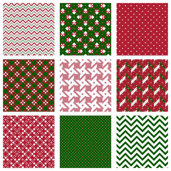 Natal Padrões Sem Costura Cores Vermelhas Verdes Brancas Conjunto Texturas — Vetor de Stock