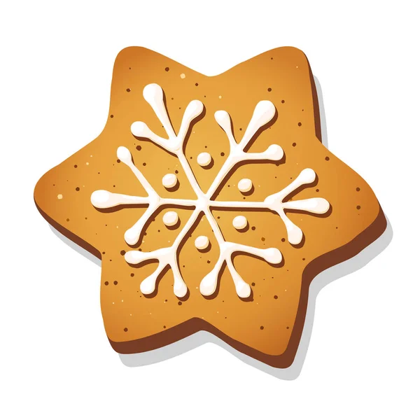 Χριστουγεννιάτικο Μπισκότο Μελόψωμο Σχήμα Αστεριού Νιφάδες Χιονιού Απομονωμένο Λευκό Φόντο — Διανυσματικό Αρχείο
