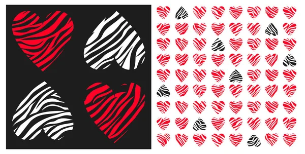 濃いグレーと赤の色でゼブラストライプの心とシームレスなパターンのセット 概要テキスタイル カバー ファブリック インテリア装飾のための動物ゼブラスキンプリント Eps — ストックベクタ