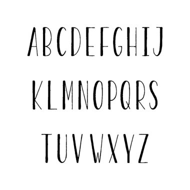 Elle çizilmiş dar alfabe. Uzun boylu ve ince büyük harf tasarımı için beyaz arka plan üzerinde.
