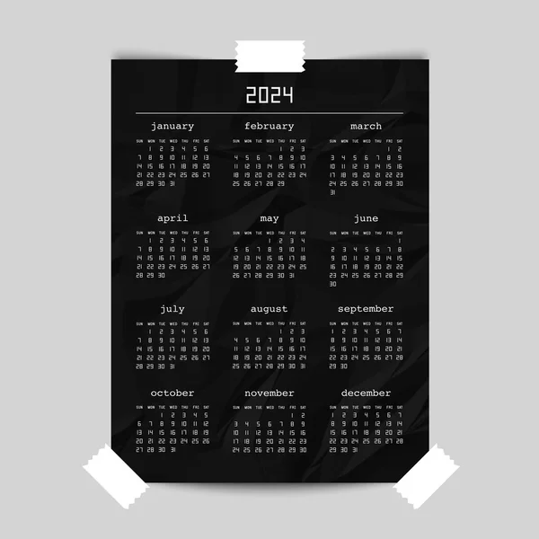 Календар 2024 Рік Чорному Збитому Паперовому Плакаті Макет Тиждень Починається — стоковий вектор