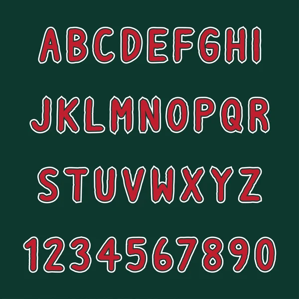 Rote Und Weiße Buchstaben Auf Grünem Hintergrund Großbuchstaben Und Zahlen — Stockvektor