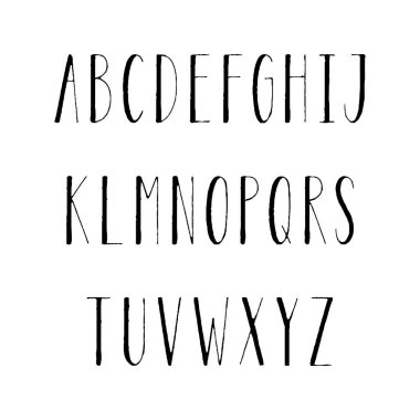 Elle çizilmiş dar alfabe. Uzun boylu ve ince büyük harf tasarımı için beyaz arka plan üzerinde.