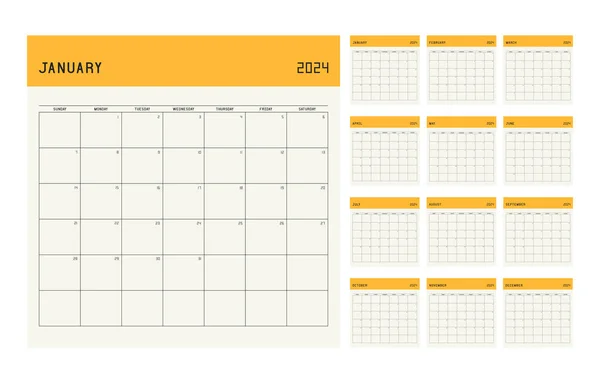 Calendar Planner Template 2024 Year Week Starts Sunday Notes — Stock Vector