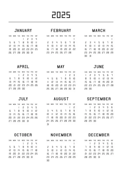 2025年的日历 为企业设计模板设置日历规划器 周从星期天开始 矢量说明 — 图库矢量图片#