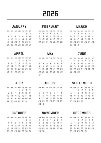 2026 yılının takvimi. Şirket tasarımı şablonu için takvim planlayıcısı ayarlandı. Hafta pazar günü başlıyor. Vektör illüstrasyonu.